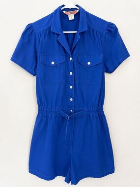 Vintage 80s Blue Cotton Utility Romper Jumpsuit Medium Retro Safari Playsuit